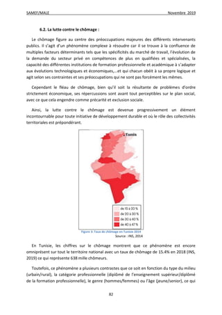 SAMEF/MALE Novembre 2019
82
6.2. La lutte contre le chômage :
Le chômage figure au centre des préoccupations majeures des différents intervenants
publics. Il s’agit d’un phénomène complexe à résoudre car il se trouve à la confluence de
multiples facteurs déterminants tels que les spécificités du marché de travail, l’évolution de
la demande du secteur privé en compétences de plus en qualifiées et spécialisées, la
capacité des différentes institutions de formation professionnelle et académique à s’adapter
aux évolutions technologiques et économiques,…et qui chacun obéit à sa propre logique et
agit selon ses contraintes et ses préoccupations qui ne sont pas forcément les mêmes.
Cependant le fléau de chômage, bien qu’il soit la résultante de problèmes d’ordre
strictement économique, ses répercussions sont avant tout perceptibles sur le plan social,
avec ce que cela engendre comme précarité et exclusion sociale.
Ainsi, la lutte contre le chômage est devenue progressivement un élément
incontournable pour toute initiative de développement durable et où le rôle des collectivités
territoriales est prépondérant.
Figure 3: Taux de chômage en Tunisie 2014
Source : INS, 2014
En Tunisie, les chiffres sur le chômage montrent que ce phénomène est encore
omniprésent sur tout le territoire national avec un taux de chômage de 15.4% en 2018 (INS,
2019) ce qui représente 638 mille chômeurs.
Toutefois, ce phénomène a plusieurs contrastes que ce soit en fonction du type du milieu
(urbain/rural), la catégorie professionnelle (diplômé de l’enseignement supérieur/diplômé
de la formation professionnelle), le genre (hommes/femmes) ou l’âge (jeune/senior), ce qui
 