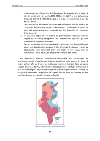 SAMEF/MALE Novembre 2019
84
o la persistance du phénomène de l’abandon et du redoublement scolaire : à
titre d’exemple entre les années 1999-2000 et 2014-2015 le taux d’abandon a
progressé de 9.5% à 12.8% tandis que le taux de redoublement a évolué de
15.5% à 17.8%.
Ceci constitue un défi majeur pour la société notamment pour les villes et les
communes d’autant plus que ces redoublants et ces abandons scolaires ne
sont pas systématiquement récupérés par les dispositifs de formation
professionnelle
o les disparités régionales en matière de performances scolaires : plusieurs
régions de la Tunisie enregistrent des performances scolaires qui sont
inférieurs aux moyennes nationales.
Ceci est perceptible au niveau des taux de réussite, des taux de redoublement
et des taux des abandons scolaires. À titre d’exemple les taux de réussite au
baccalauréat varie nettement entre une région et une autre, avec un
minimum de l’ordre de 16.08% à Kasserine contre 49.32% à Sfax.
Ces divergences affectent sensiblement l’attractivité des régions pour les
investisseurs privés avides de main d’œuvre qualifiée et incite souvent les jeunes à
migrer ailleurs afin de trouver de meilleures chances à l’emploi dans les autres
régions du pays. A terme, cette situation constituerait une véritable menace sur le
plan social des régions les plus défavorisées en matière de performances scolaires. Ce
qui justifie pleinement l’intégration de l’aspect éducatif dans les priorités de tout
plan de transition vers les villes durable en Tunisie.
Figure 4: Taux de réussite au baccalauréat 2019
 