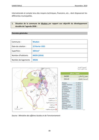 SAMEF/MALE Novembre 2019
89
internationale et compte tenu des moyens techniques, financiers, etc… dont disposeront les
différentes municipalités.
1. Situation de la commune de Msaken par rapport aux objectifs du développement
durable de l’agenda 2030 :
Données générales
Commune : Msaken
Date de création : 22 février 1921
Superficie : 328 km²
Nombre d’habitants 84295 (2016)
Nombre de logements 30526
Source : Ministère des affaires locales et de l’environnement
 