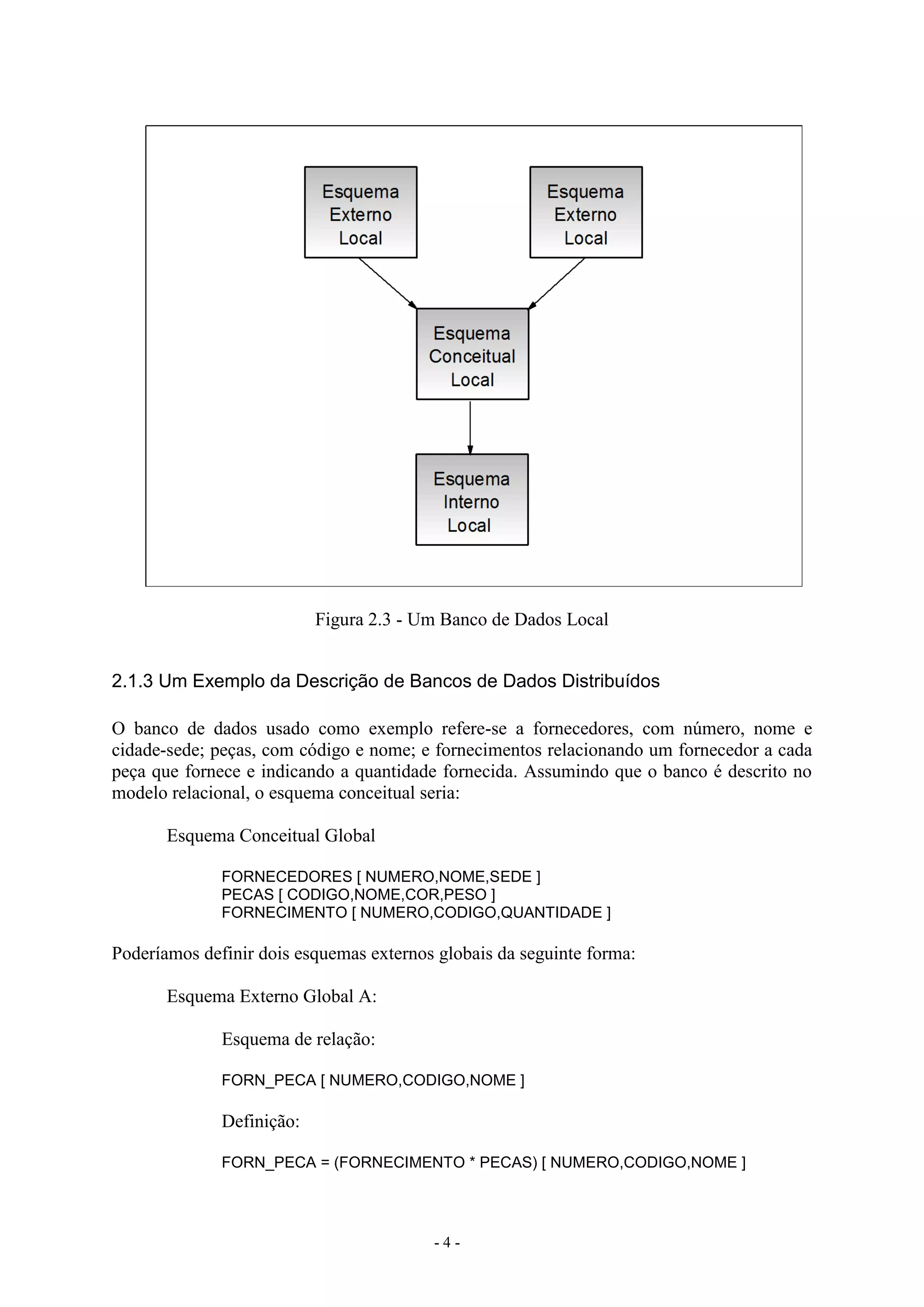 - 4 -
Figura 2.3 - Um Banco de Dados Local
2.1.3 Um Exemplo da Descrição de Bancos de Dados Distribuídos
O banco de dados usado como exemplo refere-se a fornecedores, com número, nome e
cidade-sede; peças, com código e nome; e fornecimentos relacionando um fornecedor a cada
peça que fornece e indicando a quantidade fornecida. Assumindo que o banco é descrito no
modelo relacional, o esquema conceitual seria:
Esquema Conceitual Global
FORNECEDORES [ NUMERO,NOME,SEDE ]
PECAS [ CODIGO,NOME,COR,PESO ]
FORNECIMENTO [ NUMERO,CODIGO,QUANTIDADE ]
Poderíamos definir dois esquemas externos globais da seguinte forma:
Esquema Externo Global A:
Esquema de relação:
FORN_PECA [ NUMERO,CODIGO,NOME ]
Definição:
FORN_PECA = (FORNECIMENTO * PECAS) [ NUMERO,CODIGO,NOME ]
 