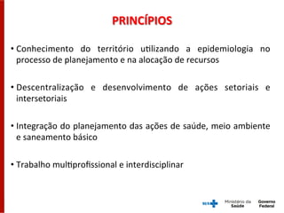 PRINCÍPIOS	
  
• Conhecimento	
   do	
   território	
   uGlizando	
   a	
   epidemiologia	
   no	
  
processo	
  de	
  planejamento	
  e	
  na	
  alocação	
  de	
  recursos	
  
• Descentralização	
   e	
   desenvolvimento	
   de	
   ações	
   setoriais	
   e	
  
intersetoriais	
  
• Integração	
  do	
  planejamento	
  das	
  ações	
  de	
  saúde,	
  meio	
  ambiente	
  
e	
  saneamento	
  básico	
  
• Trabalho	
  mulGproﬁssional	
  e	
  interdisciplinar	
  
 