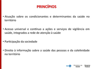 PRINCÍPIOS	
  
• Atuação	
   sobre	
   os	
   condicionantes	
   e	
   determinantes	
   da	
   saúde	
   no	
  
território	
  
• Acesso	
   universal	
   e	
   concnuo	
   a	
   ações	
   e	
   serviços	
   de	
   vigilância	
   em	
  
saúde,	
  integrados	
  a	
  rede	
  de	
  atenção	
  à	
  saúde	
  
• ParGcipação	
  da	
  sociedade	
  
• Direito	
  à	
  informação	
  sobre	
  a	
  saúde	
  das	
  pessoas	
  e	
  da	
  coleGvidade	
  
no	
  território	
  
 