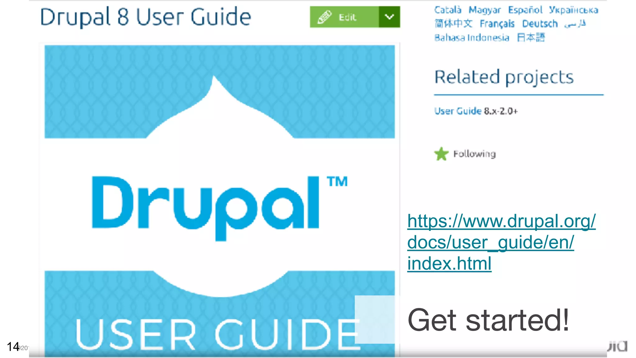 ©2017 Acquia Inc. — Confidential and Proprietary14
https://www.drupal.org/
docs/user_guide/en/
index.html
Get started!
 