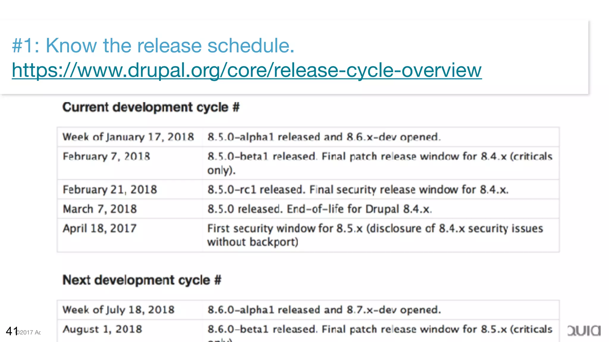 ©2017 Acquia Inc. — Confidential and Proprietary41
#1: Know the release schedule. 
https://www.drupal.org/core/release-cycle-overview
 