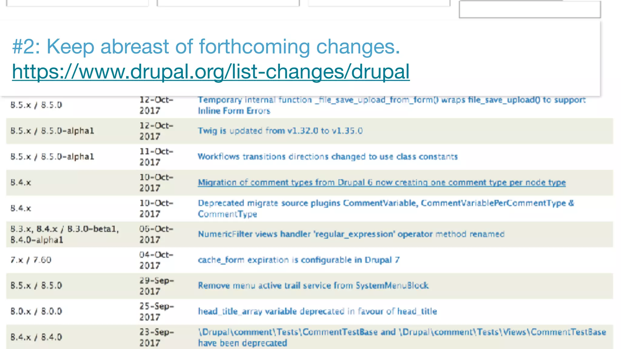 ©2017 Acquia Inc. — Confidential and Proprietary45
#2: Keep abreast of forthcoming changes. 
https://www.drupal.org/list-changes/drupal
 