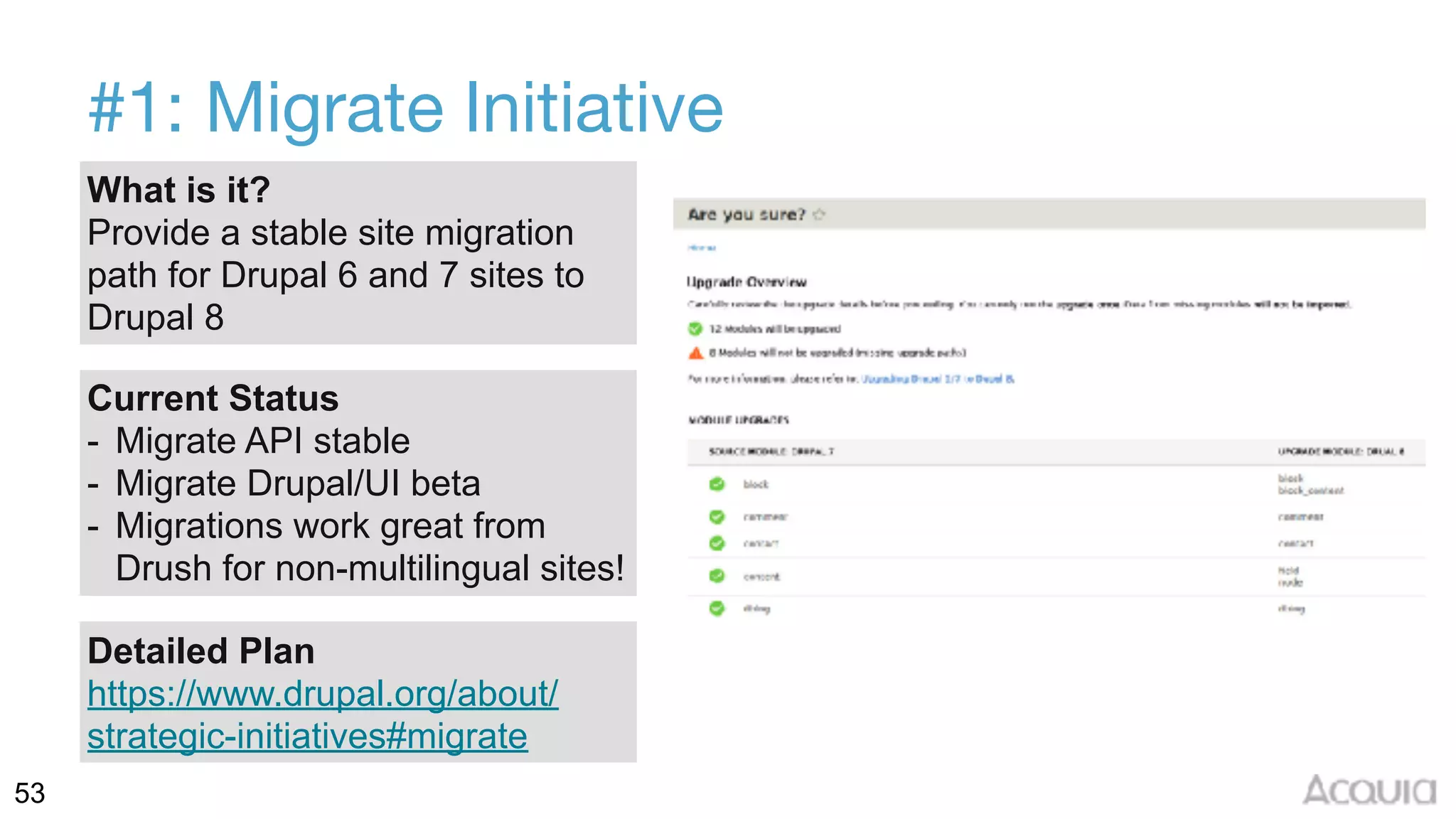 53
#1: Migrate Initiative
What is it?
Provide a stable site migration
path for Drupal 6 and 7 sites to
Drupal 8
Current Status
- Migrate API stable
- Migrate Drupal/UI beta
- Migrations work great from
Drush for non-multilingual sites!
Detailed Plan
https://www.drupal.org/about/
strategic-initiatives#migrate
 