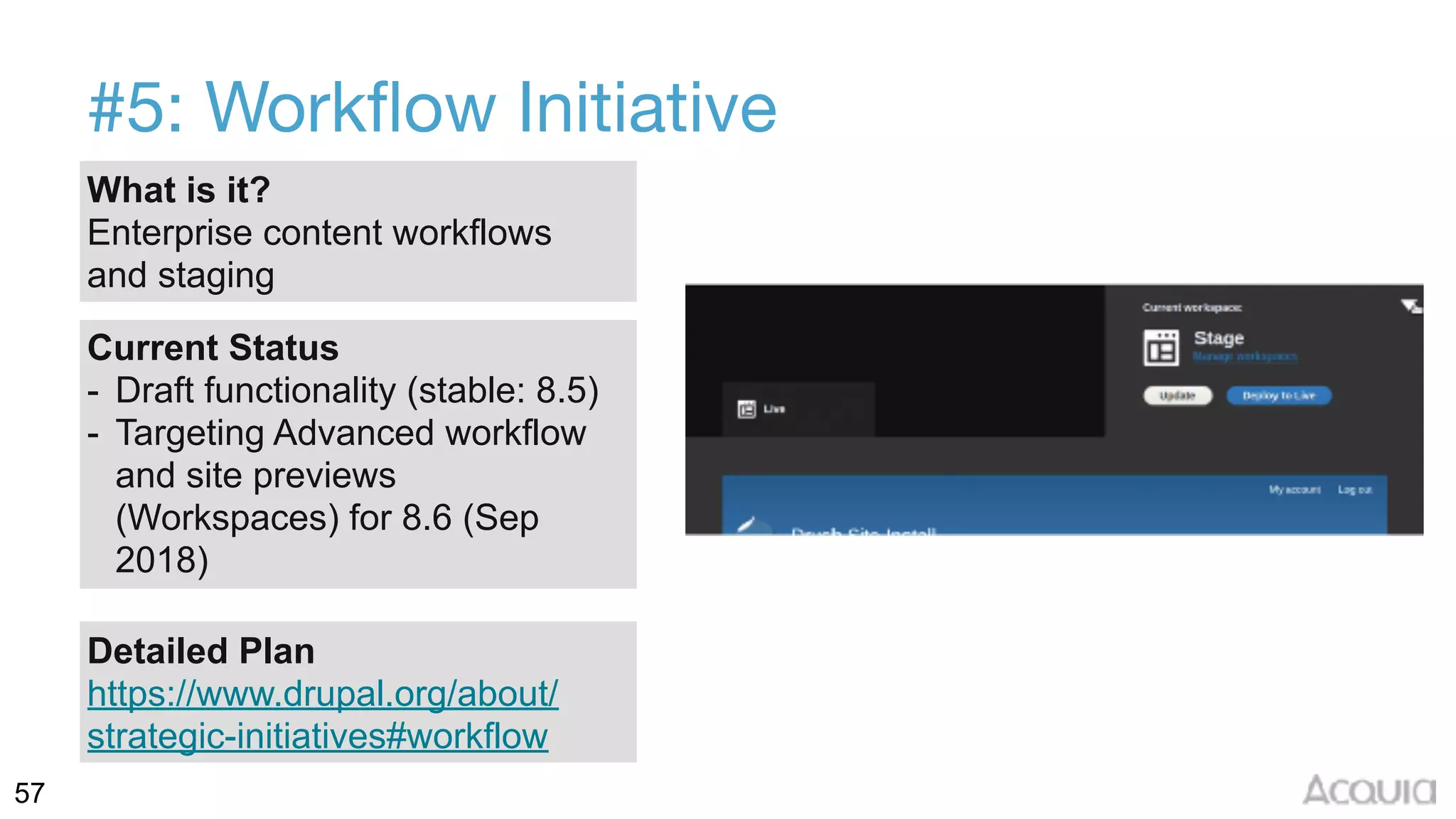 57
#5: Workflow Initiative
What is it?
Enterprise content workflows  
and staging
Current Status
- Draft functionality (stable: 8.5)
- Targeting Advanced workflow
and site previews
(Workspaces) for 8.6 (Sep
2018)
Detailed Plan
https://www.drupal.org/about/
strategic-initiatives#workflow
 