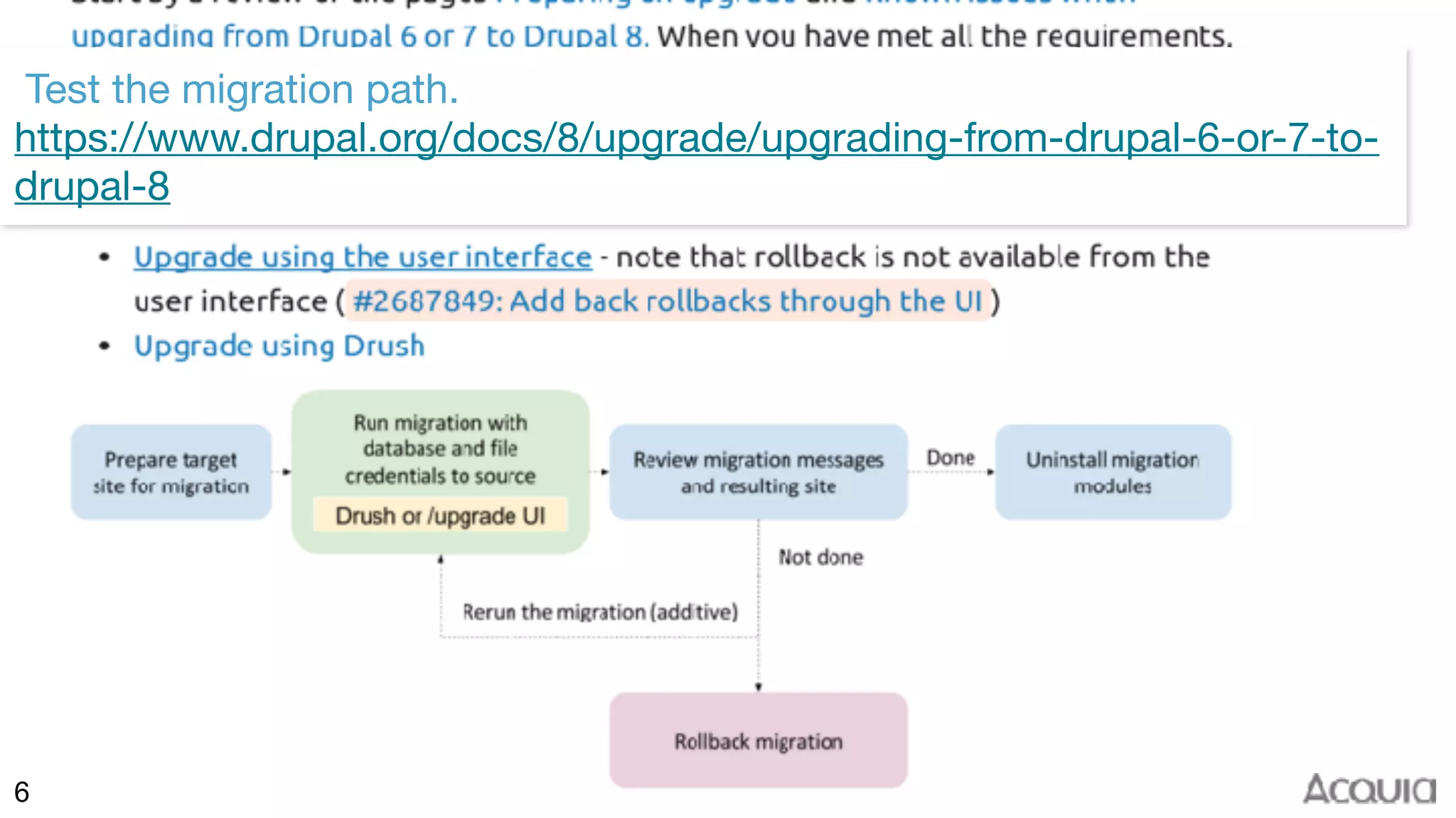 ©2017 Acquia Inc. — Confidential and Proprietary66
Test the migration path. 
https://www.drupal.org/docs/8/upgrade/upgrading-from-drupal-6-or-7-to-
drupal-8
 
