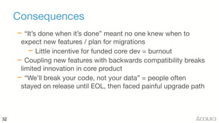 32
Consequences
– “It’s done when it’s done” meant no one knew when to
expect new features / plan for migrations

– Little incentive for funded core dev = burnout

– Coupling new features with backwards compatibility breaks
limited innovation in core product

– “We’ll break your code, not your data” = people often
stayed on release until EOL, then faced painful upgrade path
 