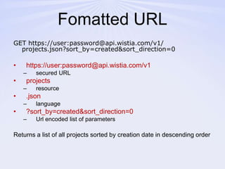 Fomatted URLGET https://user:password@api.wistia.com/v1/ projects.json?sort_by=created&sort_direction=0https://user:password@api.wistia.com/v1secured URLprojectsresource.jsonlanguage?sort_by=created&sort_direction=0 Url encoded list of parametersReturns a list of all projects sorted by creation date in descending order