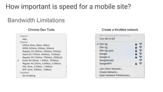 How important is speed for a mobile site?
Bandwidth Limitations
Chrome Dev Tools Create a throttled network
 