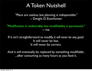 A Token Nutshell
"Plans are useless, but planning is indispensible."
-- Dwight D. Eisenhower
"Modiﬁcation is undesirable, but modiﬁability is paramount."
-- me
If it isn't straightforward to modify, it will never be any good.
It will never be fast.
It will never be correct.
And it will eventually be replaced by something modiﬁable.
...after consuming as many hours as you feed it.

Saturday, October 19, 13

 