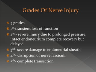  5 grades
 1st-transient loss of function
 2nd- severe injury due to prolonged pressure,
intact endoneurium complete recovery but
delayed
 3rd- severe damage to endoneurial sheath
 4th- disruption of nerve fasciculi
 5th- complete transection
 