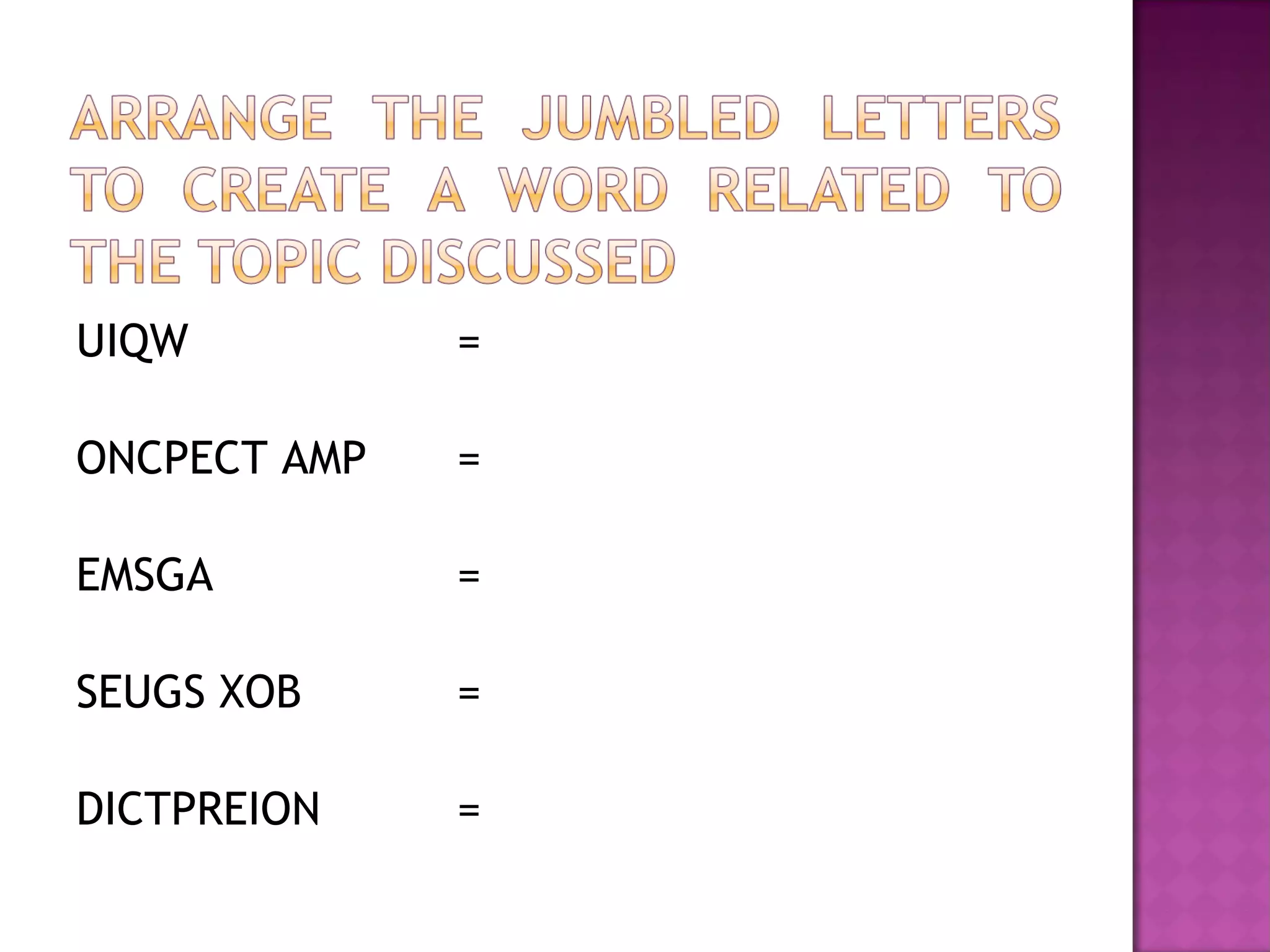 UIQW =
ONCPECT AMP =
EMSGA =
SEUGS XOB =
DICTPREION =
 