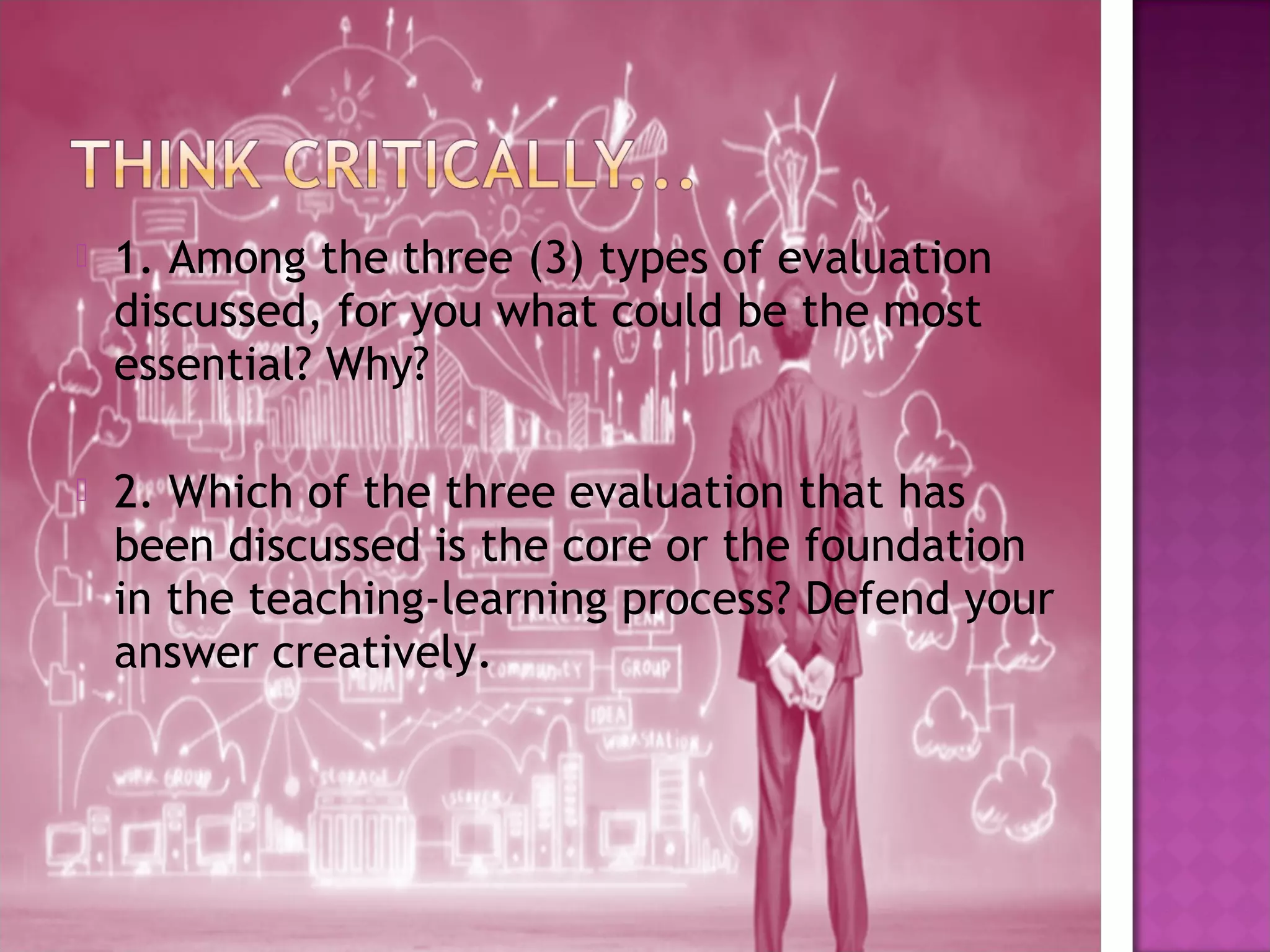  1. Among the three (3) types of evaluation
discussed, for you what could be the most
essential? Why?
 2. Which of the three evaluation that has
been discussed is the core or the foundation
in the teaching-learning process? Defend your
answer creatively.
 