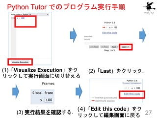 Python Tutor でのプログラム実行手順
27
(1)「Visualize Execution」をク
リックして実行画面に切り替える
(2)「Last」をクリック．
(3) 実行結果を確認する．
(4)「Edit this code」を...