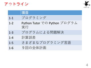 アウトライン
4
項目
1-1 プログラミング
1-2 Python Tutor での Python プログラム
実行
1-3 プログラムによる問題解決
1-4 計算誤差
1-5 さまざまなプログラミング言語
1-6 ９回の全体計画
 