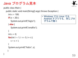 Java プログラム見本
public class Main {
public static void main(String[] args) throws Exception {
int x = 100;
if (x > 20) {
Syst...