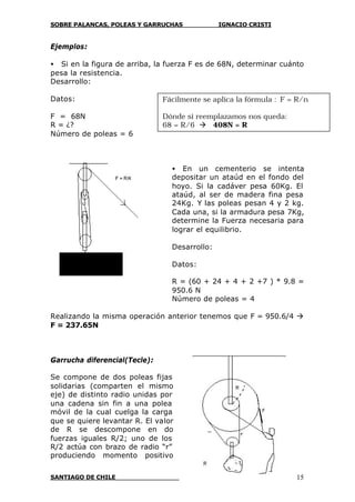 SOBRE PALANCAS, POLEAS Y GARRUCHAS IGNACIO CRISTI
SANTIAGO DE CHILE AGOSTO 2003 15
Ejemplos:
• Si en la figura de arriba, la fuerza F es de 68N, determinar cuánto
pesa la resistencia.
Desarrollo:
Datos:
F = 68N
R = ¿?
Número de poleas = 6
• En un cementerio se intenta
depositar un ataúd en el fondo del
hoyo. Si la cadáver pesa 60Kg. El
ataúd, al ser de madera fina pesa
24Kg. Y las poleas pesan 4 y 2 kg.
Cada una, si la armadura pesa 7Kg,
determine la Fuerza necesaria para
lograr el equilibrio.
Desarrollo:
Datos:
R = (60 + 24 + 4 + 2 +7 ) * 9.8 =
950.6 N
Número de poleas = 4
Realizando la misma operación anterior tenemos que F = 950.6/4 à
F = 237.65N
Garrucha diferencial(Tecle):
Se compone de dos poleas fijas
solidarias (comparten el mismo
eje) de distinto radio unidas por
una cadena sin fin a una polea
móvil de la cual cuelga la carga
que se quiere levantar R. El valor
de R se descompone en do
fuerzas iguales R/2; uno de los
R/2 actúa con brazo de radio “r”
produciendo momento positivo
Fácilmente se aplica la fórmula : F = R/n
Dónde si reemplazamos nos queda:
68 = R/6 à 408N = R
 