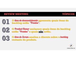 REVIEW MEETING
O time de desenvolvimento apresenta quais itens do
backlog estão “Prontos”.
TÓPICOS
O Product Owner esclarece quais itens do backlog
estão “Prontos” e quais não estão.
O time de Scrum analisa e discute sobre o backlog
restante do produto.
 