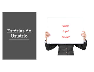 Estórias de
Usuário
Quem?
O que?
Por quê?
 