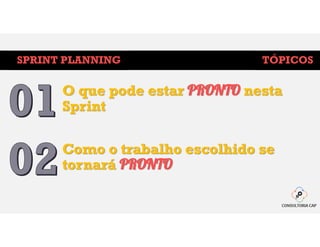 SPRINT PLANNING
O que pode estar PRONTO nesta
Sprint
Como o trabalho escolhido se
tornará PRONTO
TÓPICOS
 
