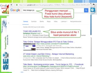 Apa itu SEO?
Sebuah cara, ilmu, atau metode agar sebuah
website yang sudah dibuat berada di posisi
teratas (page-one) saat ditelusuri di mesin
pencari (search engine), bertujuan agar
website atau blog yang kita miliki menjadi
banyak traffic atau pengunjung.
Keuntungan bagi website atau
blog yang memiliki SEO bagus
1. Peringkat dan Traffic
2. Brand awarness meningkat
3. Visibilitas dan otoritas
4. Revenue atau ROI (Return On
Investment) tinggi
Penggunaan mencari …
Frase kunci (key phase)
Atau kata kunci (keyword)
Situs anda muncul di No 1
hasil pencarian alami
 