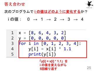 答え合わせ
次のプログラムで i の値はどのように変化するか？
25
i の値： 0 → 1 → 2 → 3 → 4
「y[i] = x[i] * 1.1」を
i の値を変えながら
5回繰り返す
 