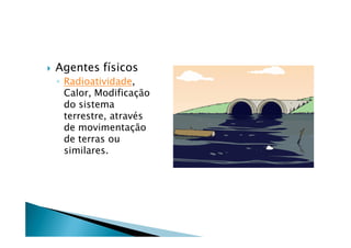    Agentes fÖsicos
    ◦ Radioatividade,
      Calor, ModificaÅÇo
      do sistema
      terrestre, atravÑs
      de movimentaÅÇo
      de terras ou
      similares.
 