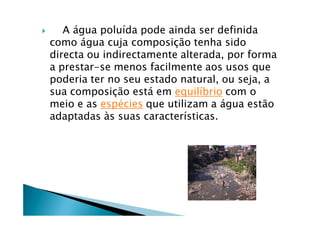       A Égua poluÖda pode ainda ser definida
    como Égua cuja composiÅÇo tenha sido
    directa ou indirectamente alterada, por forma
    a prestar-se menos facilmente aos usos que
    poderia ter no seu estado natural, ou seja, a
    sua composiÅÇo estÉ em equilÖbrio com o
    meio e as espÑcies que utilizam a Égua estÇo
    adaptadas âs suas caracterÖsticas.
 