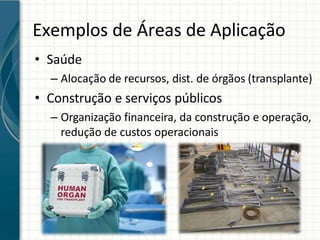Exemplos de Áreas de Aplicação
• Saúde
– Alocação de recursos, dist. de órgãos (transplante)
• Construção e serviços públicos
– Organização financeira, da construção e operação,
redução de custos operacionais
 