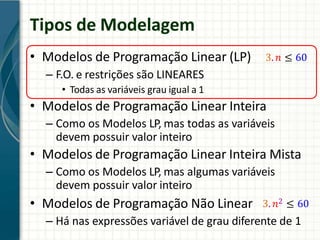 Tipos de Modelagem
• Modelos de Programação Linear (LP)
– F.O. e restrições são LINEARES
• Todas as variáveis grau igual a 1
• Modelos de Programação Linear Inteira
– Como os Modelos LP, mas todas as variáveis
devem possuir valor inteiro
• Modelos de Programação Linear Inteira Mista
– Como os Modelos LP, mas algumas variáveis
devem possuir valor inteiro
• Modelos de Programação Não Linear
– Há nas expressões variável de grau diferente de 1
3.𝑛 ≤ 60
3. 𝑛2 ≤ 60
 