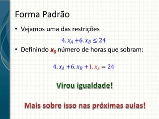 Forma Padrão
• Vejamos uma das restrições
4. 𝑥𝐴 +6. 𝑥𝐵 ≤ 24
• Definindo xS número de horas que sobram:
4. 𝑥𝐴 +6. 𝑥𝐵 +1. 𝑥𝑠 = 24
 