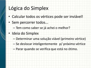 Lógica do Simplex
• Calcular todos os vértices pode ser inviável!
• Sem percorrer todos...
– Tem como saber se já achei o melhor?
• Ideia do Simplex
– Determinar uma solução viável (primeiro vértice)
– Se deslocar inteligentemente p/ próximo vértice
– Parar quando se verifica que está no ótimo.
 