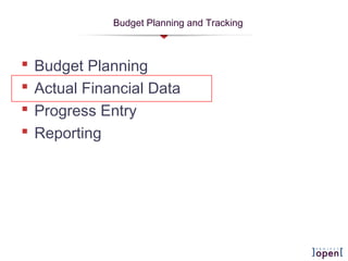 Budget Planning and Tracking
 Budget Planning
 Actual Financial Data
 Progress Entry
 Reporting
 