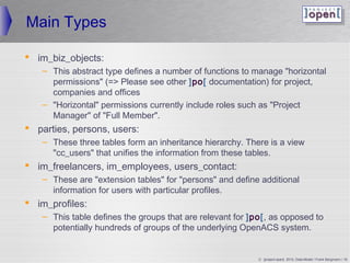 Main Types

 im_biz_objects:
   – This abstract type defines a number of functions to manage horizontal
     permissions (= Please see other ]po[ documentation) for project,
     companies and offices
   – Horizontal permissions currently include roles such as Project
     Manager of Full Member.
 parties, persons, users:
   – These three tables form an inheritance hierarchy. There is a view
     cc_users that unifies the information from these tables.
 im_freelancers, im_employees, users_contact:
   – These are extension tables for persons and define additional
     information for users with particular profiles.
 im_profiles:
   – This table defines the groups that are relevant for ]po[, as opposed to
     potentially hundreds of groups of the underlying OpenACS system.


                                                           © ]project-open[ 2010, Data-Model / Frank Bergmann / 18
 