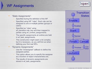 WF Assignments
                                                                              Transition
   “Static Assignments”:                                                        States
     –   Specified during the definition of the WF
     –   Specified using WF “roles”. Each role can be       Enable
         assigned to one or multiple parties (groups or
         users)                                                          Enabled
     –   Specified as “roles” using
         wf_transition.role_key and then mapped to            Start
         parties using wf_context_assignments.
     –   The specific assignments at runtime are held
                                                                         Started
         in wf_task_assignments.
     –   This construction might seem a bit complex,
         but it is necessary, as you will find out when      Finish                   Cancel
         defining your first real WFs.
   “Dynamic Assignments”                                                 Finished
                                                                                                  Can
                                                                                                 celed
     –   Use the “Unassigned” callback to define the
         assigned parties.
     –   This option allows you to specify the assignee
                                                          autom
         as a function of object characteristics etc.
     –   The results of dynamic assignments are
         stored in wf_task_assignments.


                                                          © ]project-open[ 2010, Data-Model / Frank Bergmann / 35
 