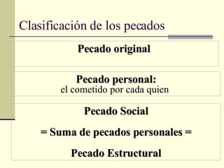Clasificación de los pecados Pecado original Pecado personal: el cometido por cada quien   Pecado Social = Suma de pecados personales = Pecado Estructural 