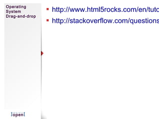 Operating
System
Drag-and-drop
 http://www.html5rocks.com/en/tuto
 http://stackoverflow.com/questions
 