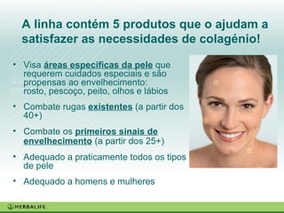 A linha contém 5 produtos que o ajudam a satisfazer as necessidades de colagénio!  Visa  áreas especificas da pele  que requerem cuidados especiais e são propensas ao envelhecimento: rosto, pescoço, peito, olhos e lábios Combate rugas  existentes  (a partir dos 40+) Combate os  primeiros sinais de envelhecimento  (a partir dos 25+)   Adequado a praticamente todos os tipos de pele Adequado a homens e mulheres 
