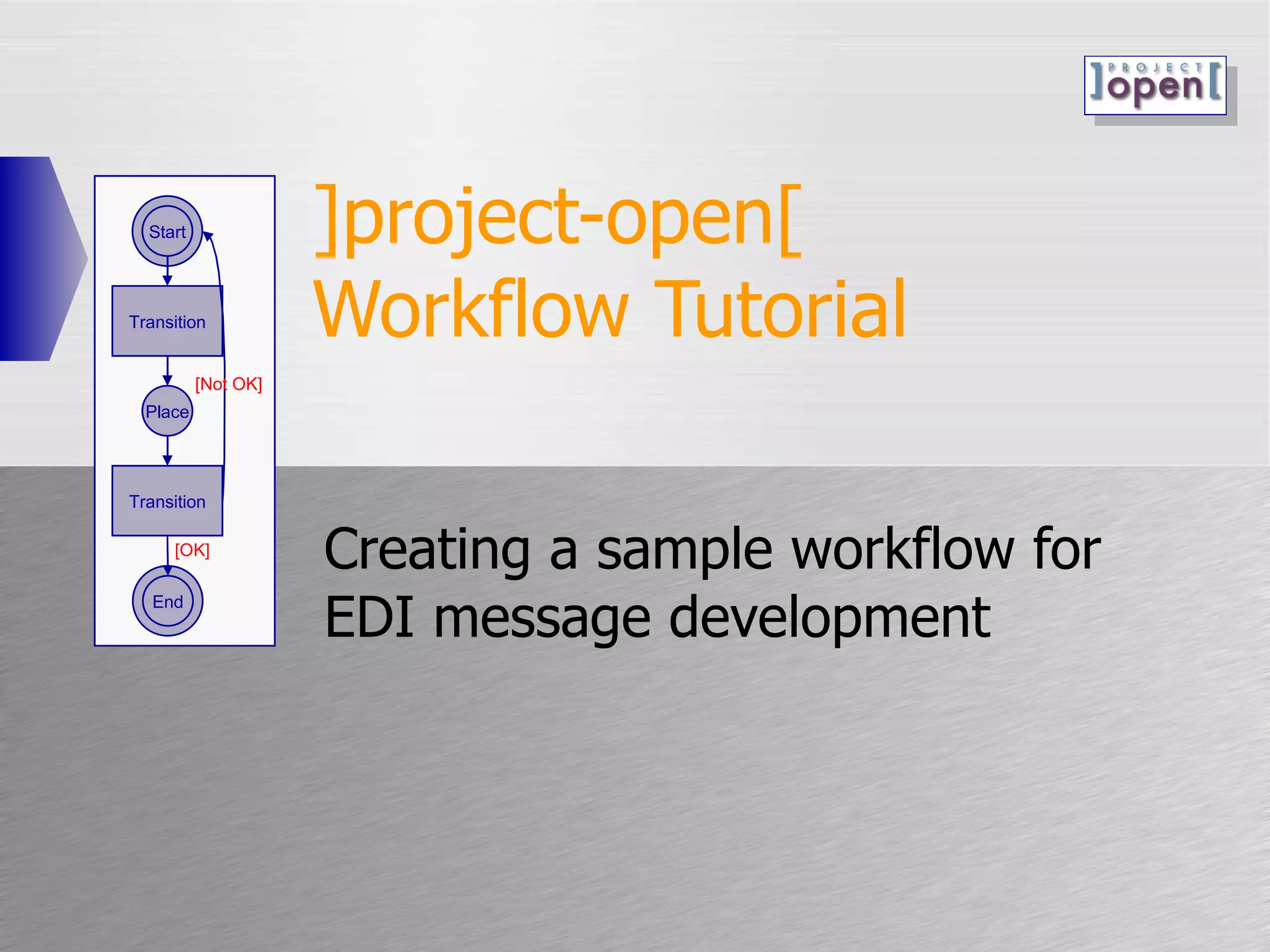 ]project-open[  Workflow Tutorial Creating a sample workflow for EDI message development Start Place Transition End Transition [Not OK] [OK] 