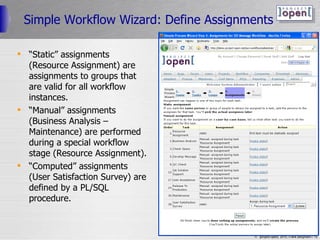 Simple Workflow Wizard: Define Assignments “ Static” assignments (Resource Assignment) are assignments to groups that are valid for all workflow instances. “ Manual” assignments (Business Analysis – Maintenance) are performed during a special workflow stage (Resource Assignment). “ Computed” assignments (User Satisfaction Survey) are defined by a PL/SQL procedure.  