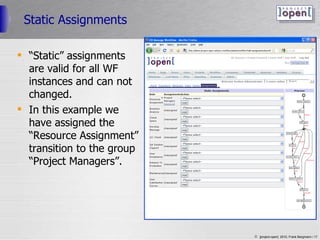 Static Assignments “ Static” assignments are valid for all WF instances and can not changed. In this example we have assigned the “Resource Assignment” transition to the group “Project Managers”. 