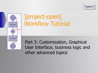 ]project-open[  Workflow Tutorial Part 3: Customization, Graphical User Interface, business logic and other advanced topics Start Place Transition End Transition [Not OK] [OK] 