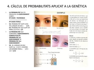 4. CÀLCUL DE PROBABILITATS APLICAT A LA GENÈTICA
•    LA PROBABILITAT QUE ES
     PRODUEIXI UN ESDEVENIMENT
     S’OBTÉ :
     Nº CASOS FAVORABLES
     -------------------------------------
     Nº CASOS TOTALS
•    EX. PROBABILITAT SURTI UN 5
     EN LLANÇAR UN DAU :                 1/ 6.
     EX. PROBABILITAT QUE SURTI Nº
     PARELL (2,4 O 6) : 1/2
•    LA PROBABILITAT QUE
     S’ORIGININ 2 ESDEVENIMENTS
     CONSECUTIUS ÉS:
     PROBABILITAT 1er
     ESDEVENIMENT X
     PROBABILITAT 2on
     ESDEVENIMENT .
•    EX. AL LLANÇAR UN DAU
     SURTI 1er EL Nº 5 I DESPRÉS
     UN NOMBRE PARELL : 1/6 X
     1/2 = 1/12
 