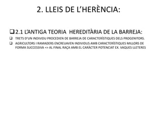 2. LLEIS DE L’HERÈNCIA:

2.1 L’ANTIGA TEORIA HEREDITÀRIA DE LA BARREJA:
 TRETS D’UN INDIVIDU PROCEDIEN DE BARREJA DE CARACTERÍSTIQUES DELS PROGENITORS.
 AGRICULTORS I RAMADERS ENCREUAVEN INDIVIDUS AMB CARACTERÍSTIQUES MILLORS DE
  FORMA SUCCESSIVA => AL FINAL RAÇA AMB EL CARÀCTER POTENCIAT EX. VAQUES LLETERES
 