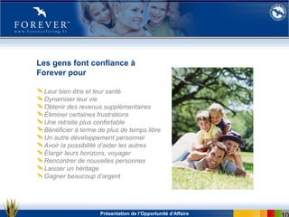 Présentation de l’Opportunité d’Affaire
Les gens font confiance à
Forever pour
Leur bien être et leur santé
Dynamiser leur vie
Obtenir des revenus supplémentaires
Éliminer certaines frustrations
Une retraite plus confortable
Bénéficier à terme de plus de temps libre
Un autre développement personnel
Avoir la possibilité d’aider les autres
Élargir leurs horizons, voyager
Rencontrer de nouvelles personnes
Laisser un héritage
Gagner beaucoup d’argent
 