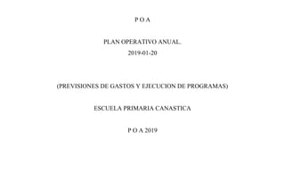 P O A
PLAN OPERATIVO ANUAL.
2019-01-20
(PREVISIONES DE GASTOS Y EJECUCION DE PROGRAMAS)
ESCUELA PRIMARIA CANASTICA
P O A 2019
 