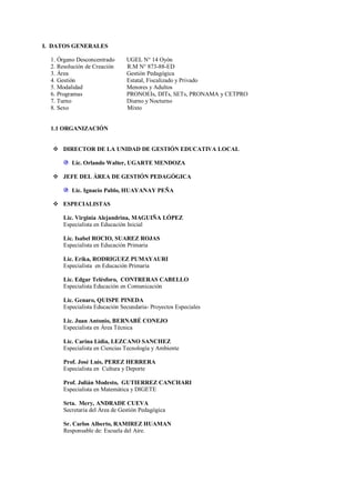 I. DATOS GENERALES

  1. Órgano Desconcentrado     UGEL N° 14 Oyón
  2. Resolución de Creación    R.M N° 873-88-ED
  3. Área                      Gestión Pedagógica
  4. Gestión                   Estatal, Fiscalizado y Privado
  5. Modalidad                 Menores y Adultos
  6. Programas                 PRONOEIs, DITs, SETs, PRONAMA y CETPRO
  7. Turno                     Diurno y Nocturno
  8. Sexo                      Mixto


  1.1 ORGANIZACIÓN


   DIRECTOR DE LA UNIDAD DE GESTIÓN EDUCATIVA LOCAL

          Lic. Orlando Walter, UGARTE MENDOZA

   JEFE DEL ÁREA DE GESTIÓN PEDAGÓGICA

          Lic. Ignacio Pablo, HUAYANAY PEÑA

   ESPECIALISTAS

      Lic. Virginia Alejandrina, MAGUIÑA LÓPEZ
      Especialista en Educación Inicial

      Lic. Isabel ROCIO, SUAREZ ROJAS
      Especialista en Educación Primaria

      Lic. Erika, RODRIGUEZ PUMAYAURI
      Especialista en Educación Primaria

      Lic. Edgar Telésforo, CONTRERAS CABELLO
      Especialista Educación en Comunicación

      Lic. Genaro, QUISPE PINEDA
      Especialista Educación Secundaria- Proyectos Especiales

      Lic. Juan Antonio, BERNABÉ CONEJO
      Especialista en Área Técnica

      Lic. Carina Lidia, LEZCANO SANCHEZ
      Especialista en Ciencias Tecnología y Ambiente

      Prof. José Luís, PEREZ HERRERA
      Especialista en Cultura y Deporte

      Prof. Julián Modesto, GUTIERREZ CANCHARI
      Especialista en Matemática y DIGETE

      Srta. Mery, ANDRADE CUEVA
      Secretaria del Área de Gestión Pedagógica

      Sr. Carlos Alberto, RAMIREZ HUAMAN
      Responsable de: Escuela del Aire.
 