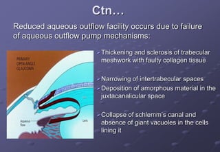 Ctn…
Thickening and sclerosis of trabecular
meshwork with faulty collagen tissue
Narrowing of intertrabecular spaces
Deposition of amorphous material in the
juxtacanalicular space
Collapse of schlemm’s canal and
absence of giant vacuoles in the cells
lining it
Reduced aqueous outflow facility occurs due to failure
of aqueous outflow pump mechanisms:
 